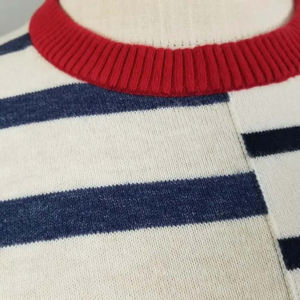 Tommy Hilfiger Sweater Mens Large White Navy‎ Red Striped Crewneck Cotton Knit